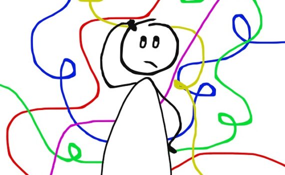 Illustration d'un bonhomme se grattant la tête, entouré de tourbillons multicolores pour représenter son incertitude.